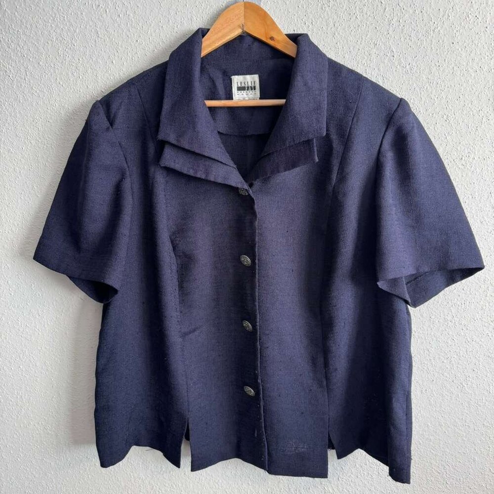 CLEARANCE VTG Leslie Fay Textured Dress Blazer Blouse Navy Blue 22W Button Front